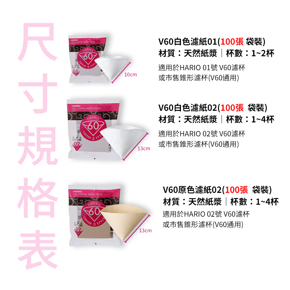 【HARIO官方】日本製V60錐形白色漂白01/02咖啡濾紙100張(適用V形濾杯)  