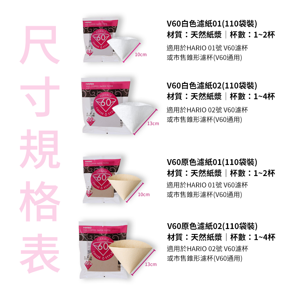 【HARIO官方】日本製V60錐形白色漂白01/02咖啡濾紙100張(適用V形濾杯)  