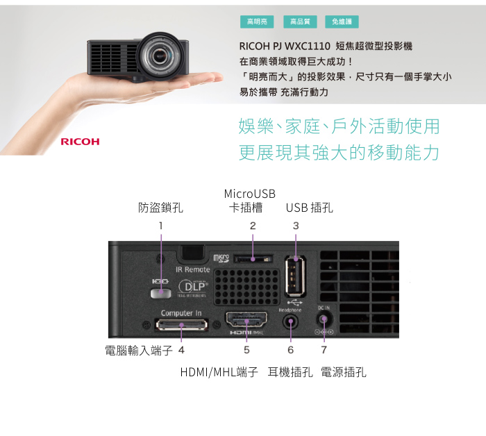 台湾 RICOH-PJ WXC1110ポータブルショートフォーカスピコ
