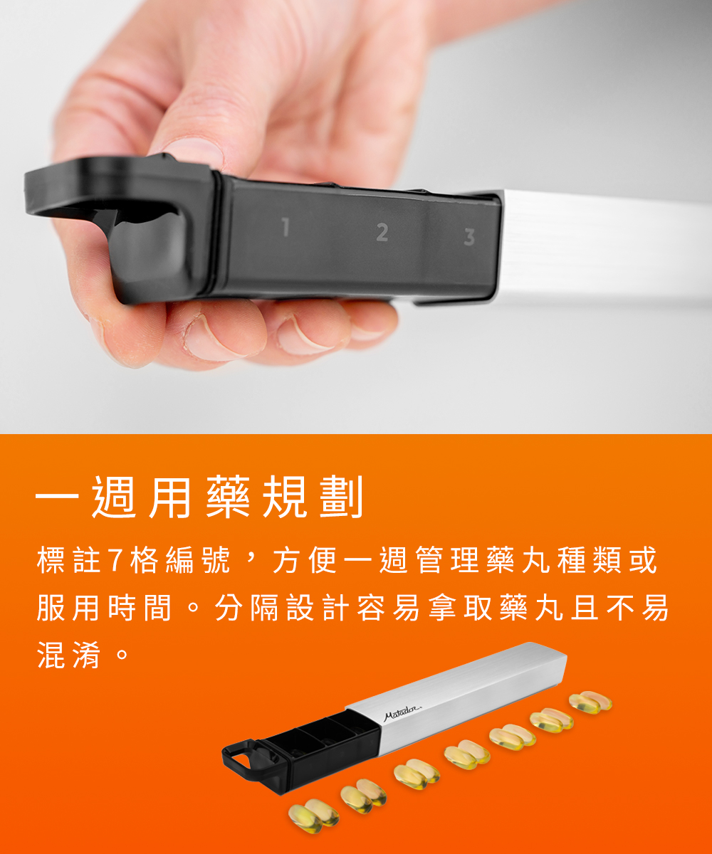 23一週用藥規劃標註7格編號,方便一週管理藥丸種類或服用時間。分隔設計容易拿取藥丸且不易混淆。Matador