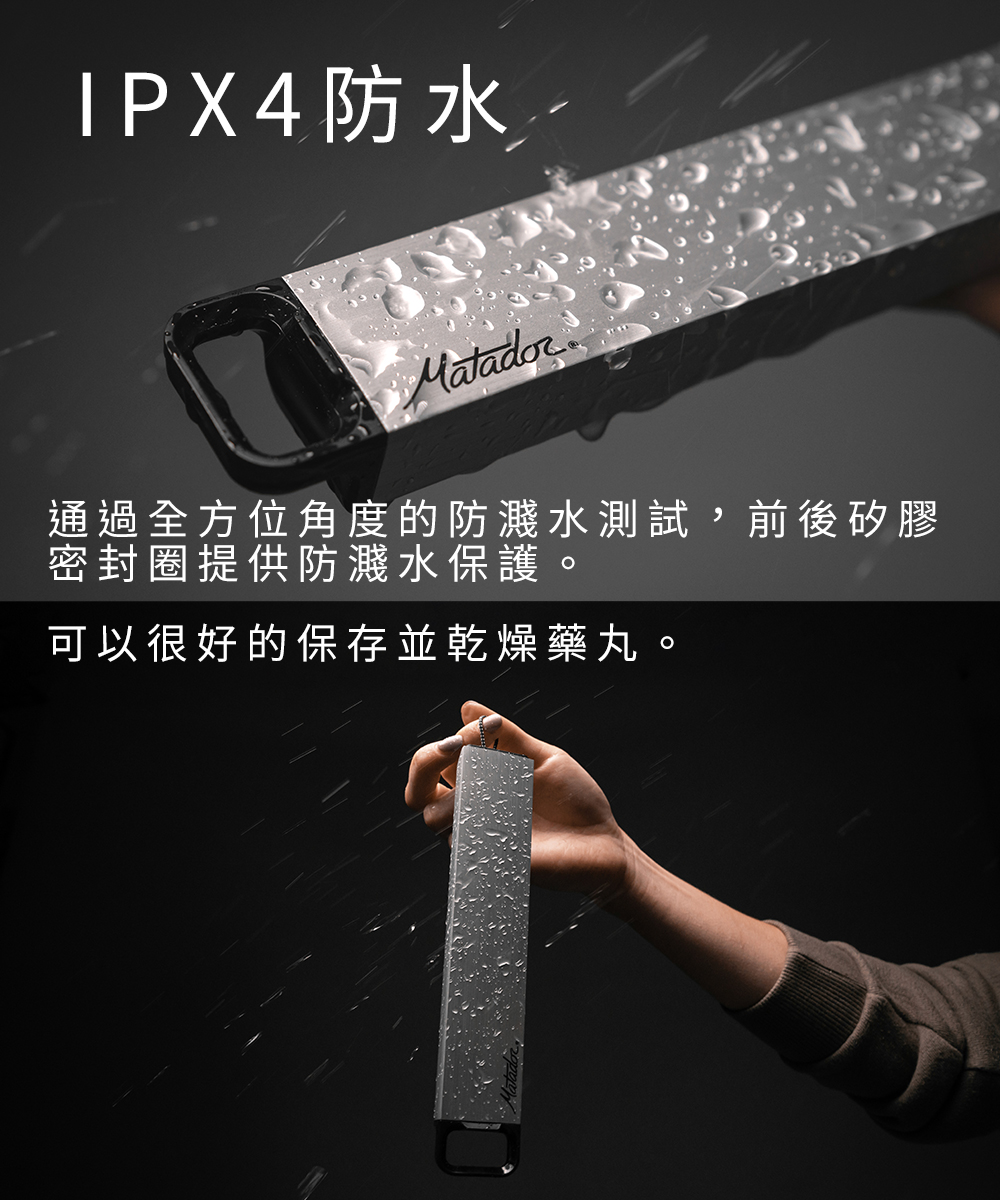 IPX4防水 Matador通過全方位角度的防濺水測試前後矽膠密封圈提供防濺水保護,可以很好的保存並乾燥藥丸。